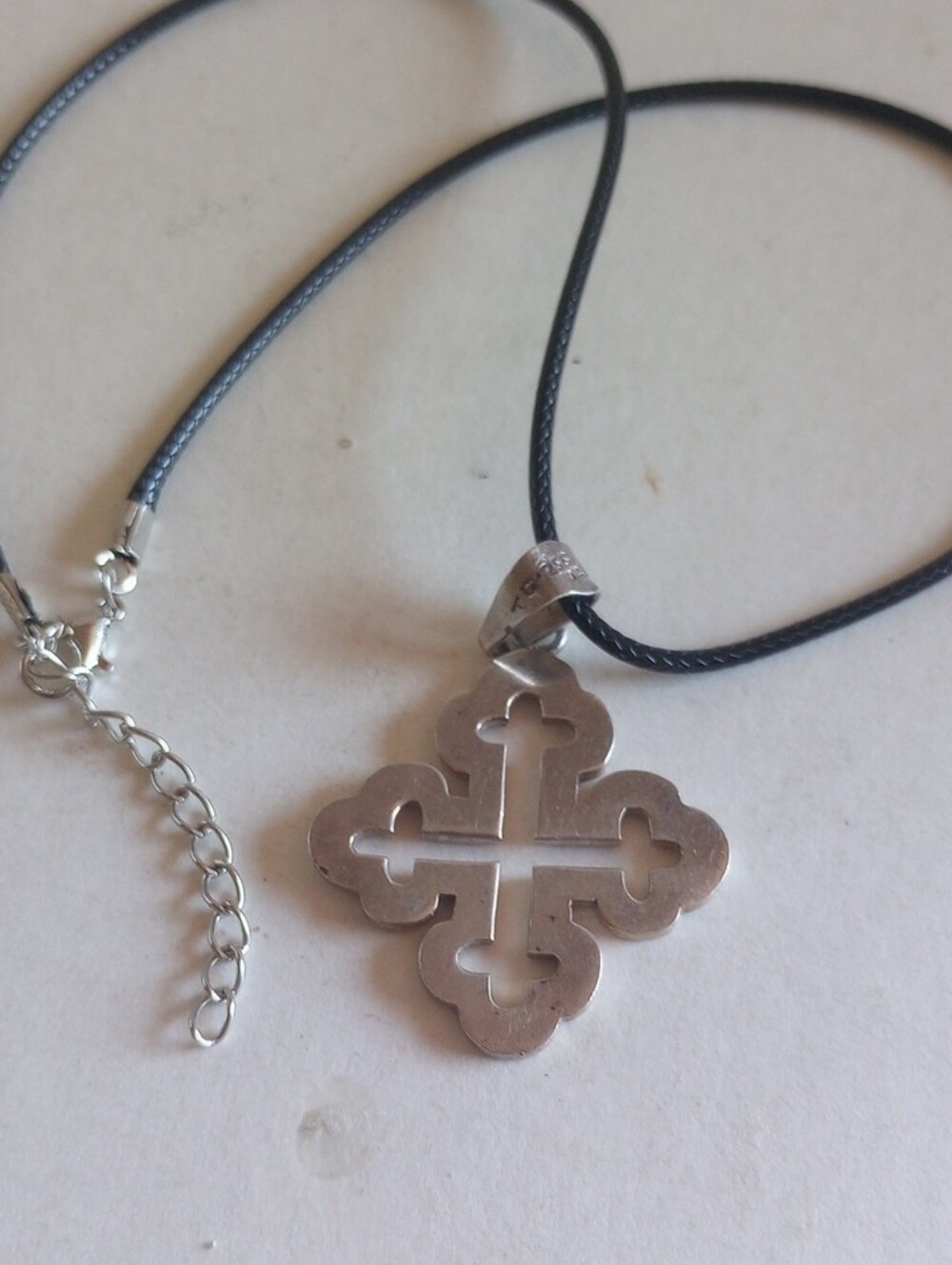 Vintage Sterling Silver Maltese Cross Pendant Black Cord Necklace 17 -19" Long